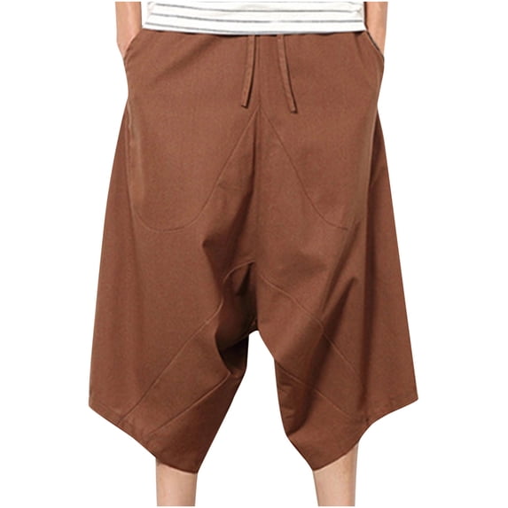 Mens Yoga Capri Pants Solid Color Casual Elastic Waist Drawstring Sports Cotton Linen Boho Harem 3/4 Pants with Pockets