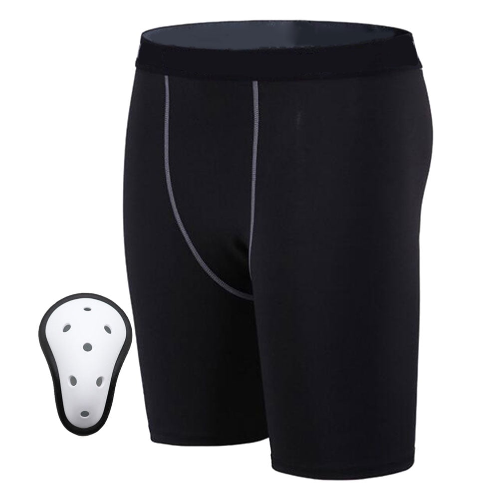 Mens Youth Boys Compression Shorts with Protective Cup Underwear for