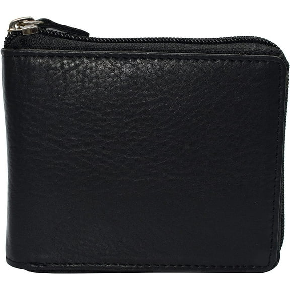 Mens Zip Around RFID Blocking Cowhide Leather Zipper Bifold Wallet for Men Black