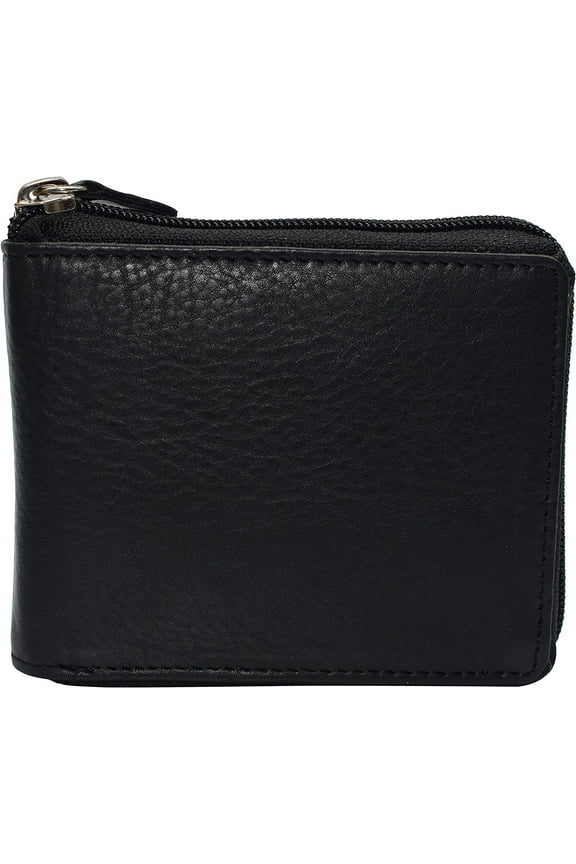 Mens Zip Around RFID Blocking Cowhide Leather Zipper Bifold Wallet for Men Black