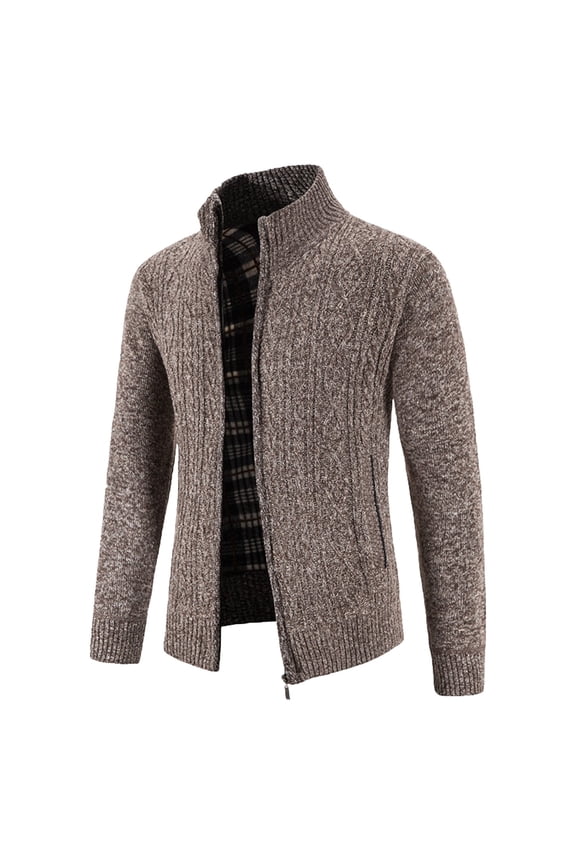 Mens Zip Up Cardigan Sweater - Men's Sweater Coat Zip Front Knitted Wool Jacket Long Sleeve Outdoor Casual Autumn Winter Male Outerwear, Coffee, Size L
