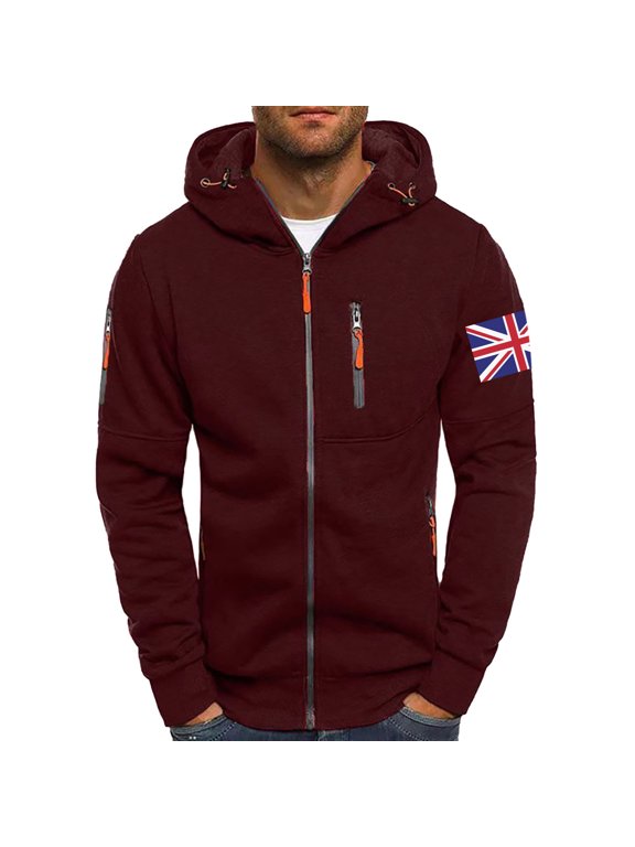 Mens Zip Front Sweatshirts Stand Collar Jacket Union Jack Sleeve Patch Long Sleeve Chest Pocket Outerwear Red S