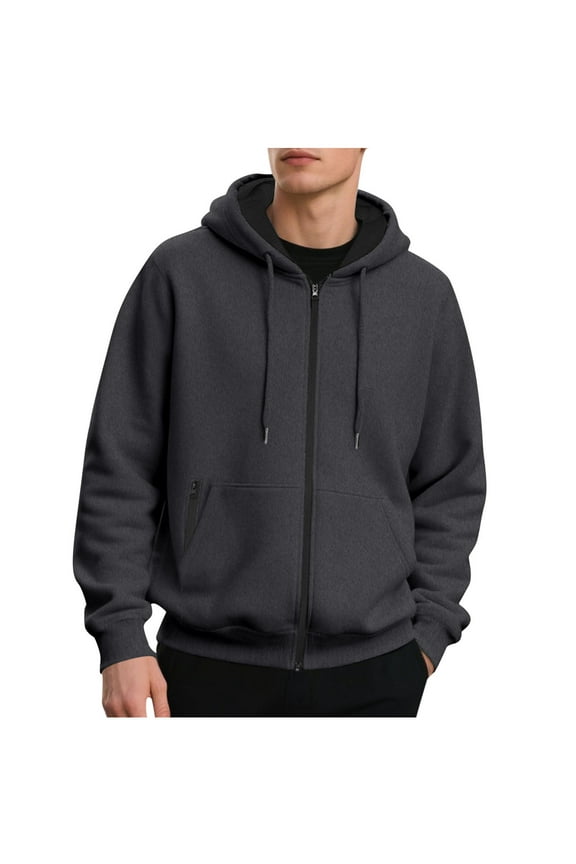 Mens Zip Up Hoodies Casual Full Zip Fleece Jacket Fall Winter Hooded Sweatshirt Plain Long Sleeve Sweatshirts Sports Fitness Jackets Comfortable Workwear Loose Warm Coat with Pockets