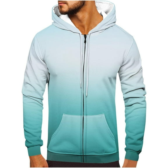 Mens Zip Up Hoodies,Men Gradient Printed Hooded Jackets Spring Fall Long Sleeve Tops Casual Hoody Sweatshirts with Pockets Drawstring Coats Fleece Lined Hoody for Sports Running