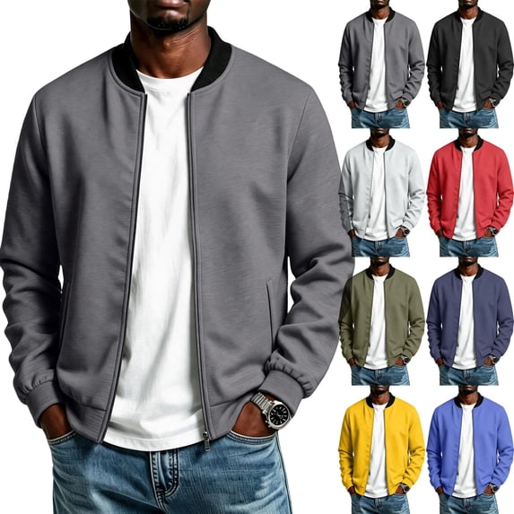 Mens Zip Up Jacket Classic Solid Color Baseball Style Coat Casual Lightweight Bomber Outerwear with Side Pockets Ribbed Collar Cuffs Fall Winter Streetwear Light Gray 2XL
