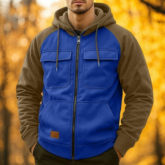 Mens Zip Up Jackets with Multi-Pockets Fleece Lined Long Sleeve Hoodies & Sweatshirts Casual Color Block Thermal Warm Athletic Workout Outerwear Coats