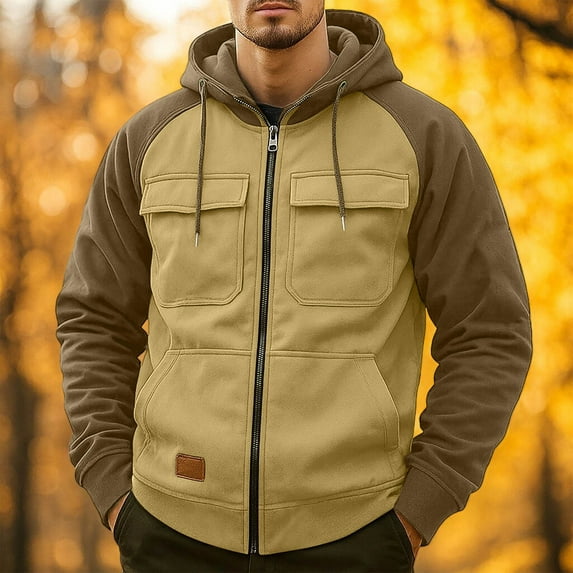 Mens Zip Up Jackets with Multi-Pockets Fleece Lined Long Sleeve Hoodies & Sweatshirts Casual Color Block Thermal Warm Athletic Workout Outerwear Coats