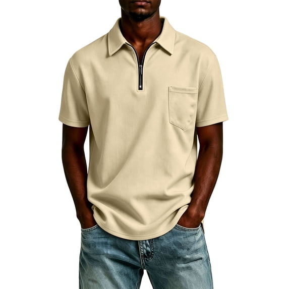 Mens Zip Neck Casual Short Sleeve Tops Cotton Soft Breathable Pocket Polo Shirts For Commute Outdoor Leisure L