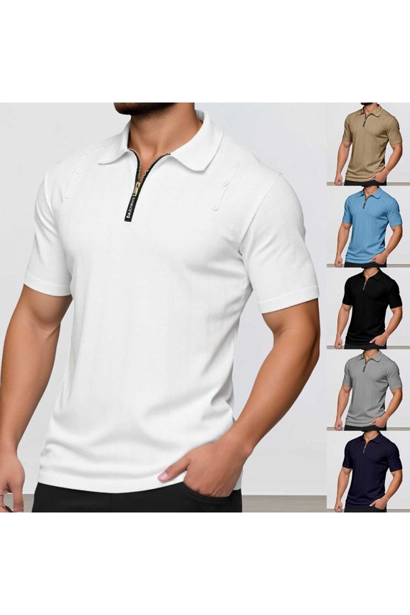 Mens Zip Placket Polo Shirt Short Sleeve Solid T Shirt Summer Breathable Tee Navy S