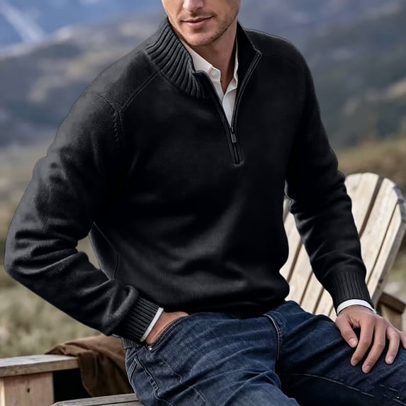 Mens Zip Sweater Stand Collar Solid Color Long Sleeve Knit Pullover Fall Winter Soft Ribbed Hem Casual Knit Jumper Tops Black 4XL