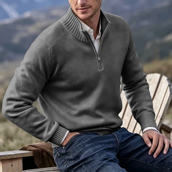Mens Zip Sweater Stand Collar Solid Color Long Sleeve Knit Pullover Fall Winter Soft Ribbed Hem Casual Knit Jumper Tops Dark Gray XL