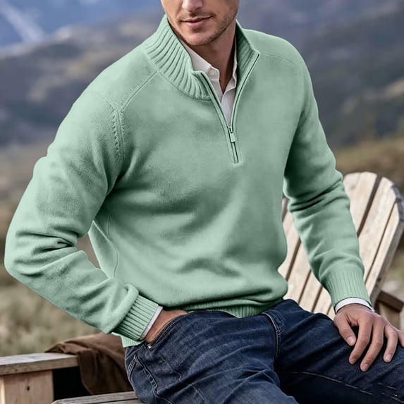 Mens Zip Sweater Stand Collar Solid Color Long Sleeve Knit Pullover Fall Winter Soft Ribbed Hem Casual Knit Jumper Tops Mint Green XL