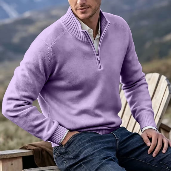 Mens Zip Sweater Stand Collar Solid Color Long Sleeve Knit Pullover Fall Winter Soft Ribbed Hem Casual Knit Jumper Tops Purple Pink 3XL