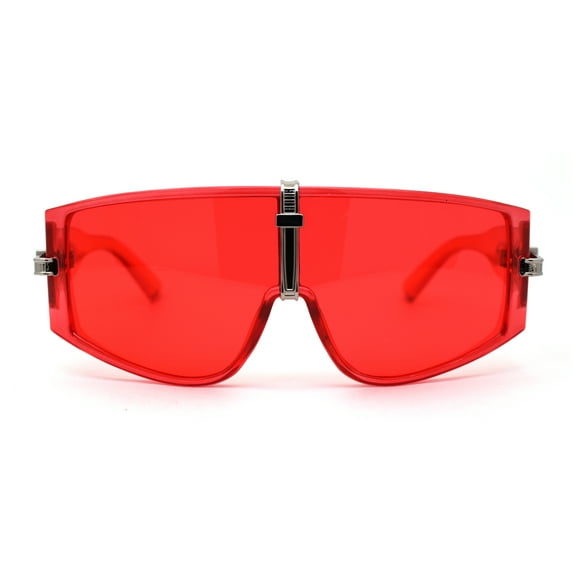 Mens Zip Tie Jewel Trim Funky Shield Oversize Sunglasses Red