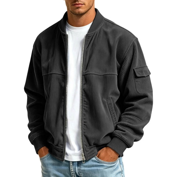 Mens Zip Up Bomber Jacket Stand Collar Lightweight Jackets Corduroy Long Sleeve Fall Winter Coats Multi Pockets Black Size M