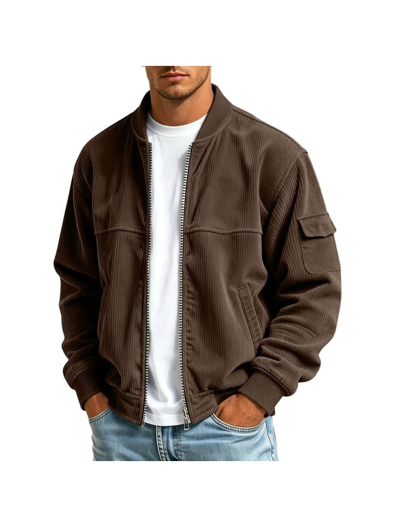 Mens Zip Up Bomber Jacket Stand Collar Lightweight Jackets Corduroy Long Sleeve Fall Winter Coats Multi Pockets Coffee Size S
