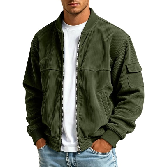 Mens Zip Up Bomber Jacket Stand Collar Lightweight Jackets Corduroy Long Sleeve Fall Winter Coats Multi Pockets Green Size XXXL