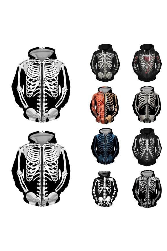 Mens Zip Up Hoodie Classic Fit Gothic Skeleton Print Long Sleeve Hoodie Fall Winter Casual Men's Fashion Hoodies Sweatshirts