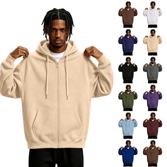 Mens Zip-Up Hoodie Classic Solid Color Long Sleeve Hoodies Casual Oversized Drawstring Pullover with Pocket