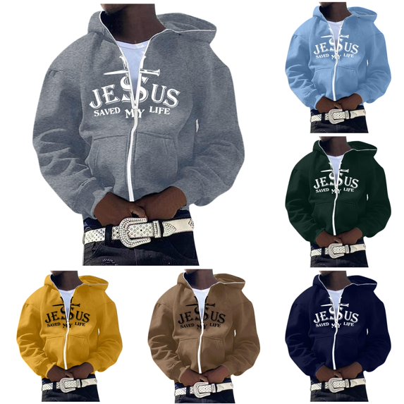 Mens Zip Up Hoodie Cross Graphic Print Hooded Sweatshirt Full Zip Casual Jacket Streetwear