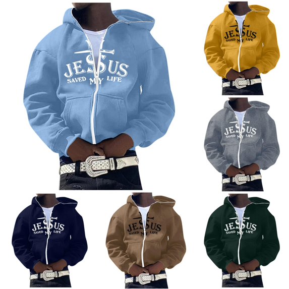 Mens Zip Up Hoodie Cross Graphic Print Hooded Sweatshirt Full Zip Casual Jacket Streetwear
