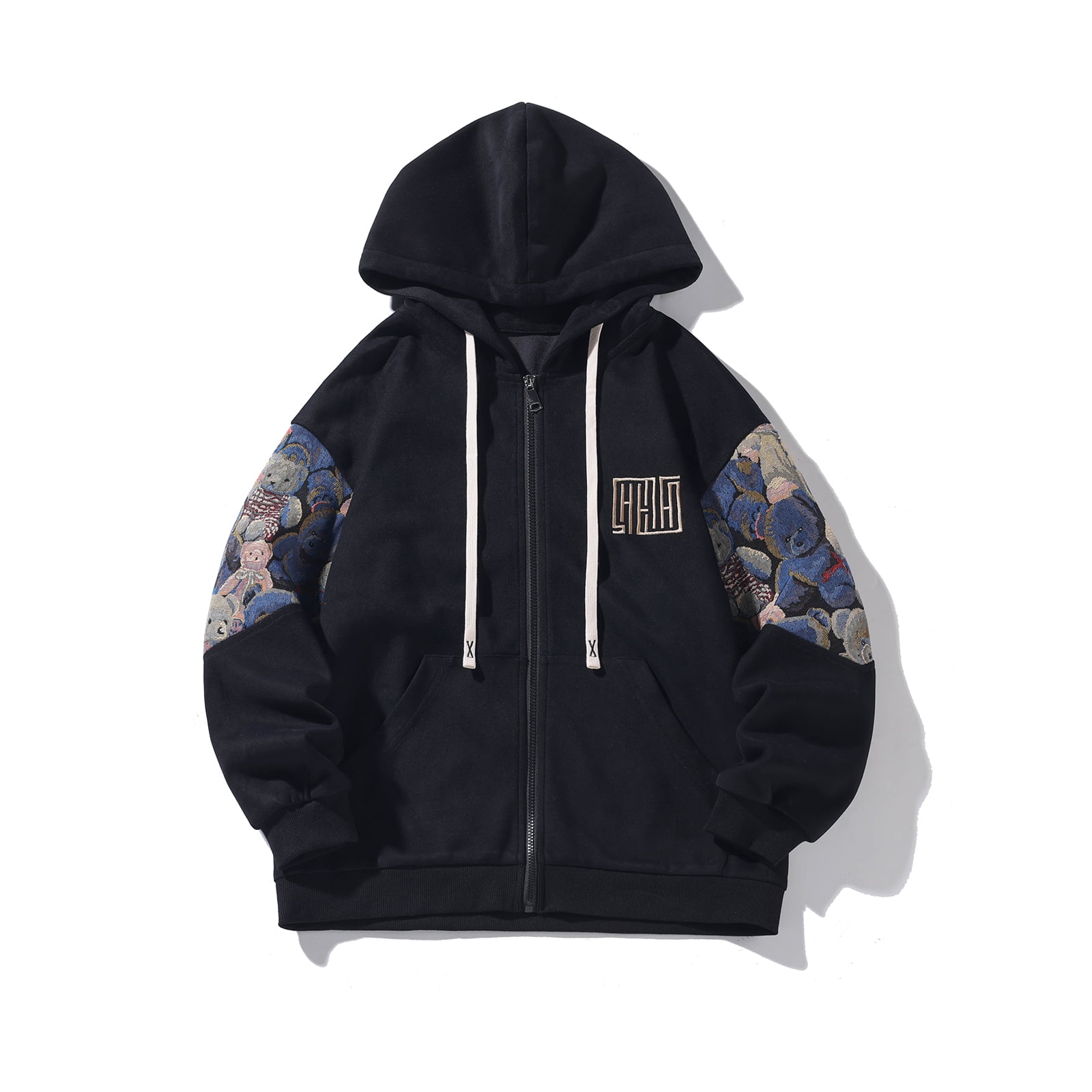 Mens Zip Up Hoodie Embroidered Sweatshirt Kangaroo Pocket Hooded Top