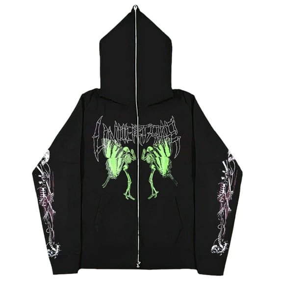 Mens Zip Up Hoodie Halloween Skeleton Print Long Sleeve Hoodie with Pocket Loose Fit Streetwear Casual Hoodies for Men