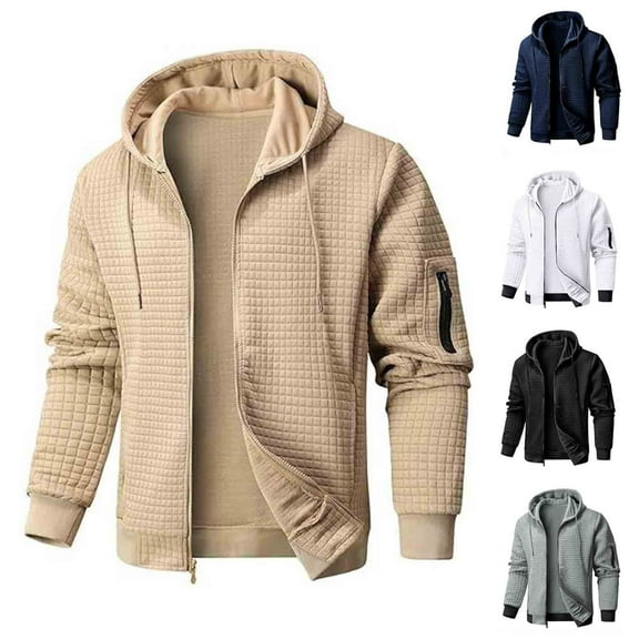 Mens Zip Up Hoodie Jacket Long Sleeve Casual Waffle Knit Hooded Sweatshirts Coat Athletic Full Zip Fall Winter Outerwear with Pockets