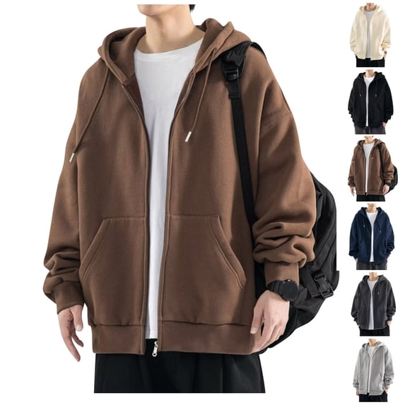 Mens Zip Up Hoodie Solid Plus Size Fall Hooded Sweatshirt Casual Drawstring Long Sleeve Basic Hoodies with Pocket