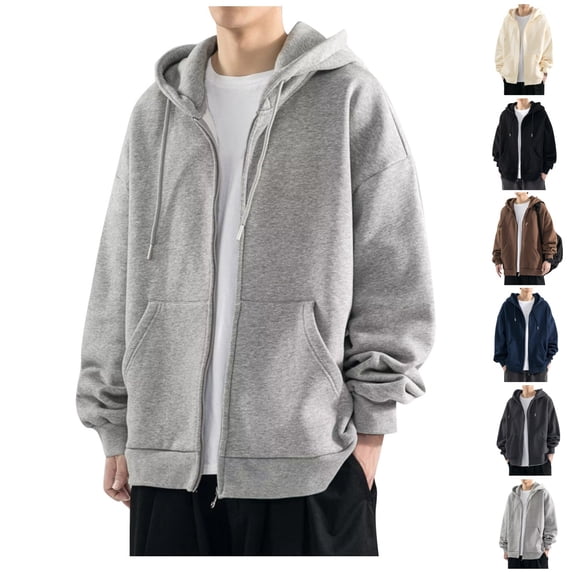 Mens Zip Up Hoodie Solid Plus Size Fall Hooded Sweatshirt Casual Drawstring Long Sleeve Basic Hoodies with Pocket