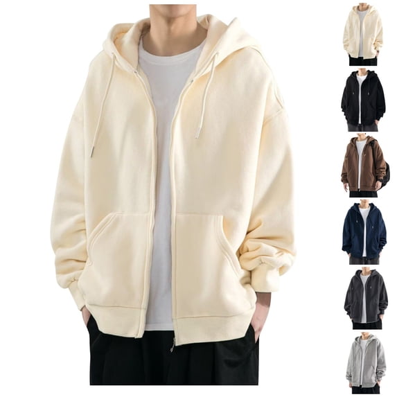 Mens Zip Up Hoodie Solid Plus Size Fall Hooded Sweatshirt Casual Drawstring Long Sleeve Basic Hoodies with Pocket