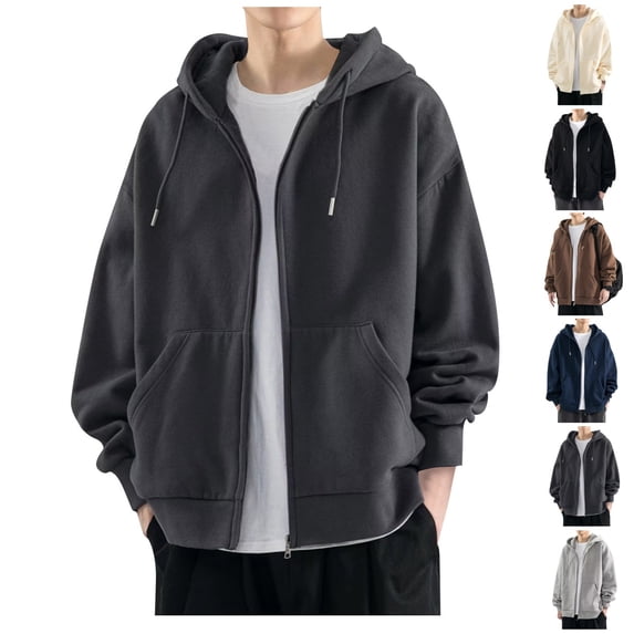Mens Zip Up Hoodie Solid Plus Size Fall Hooded Sweatshirt Casual Drawstring Long Sleeve Basic Hoodies with Pocket