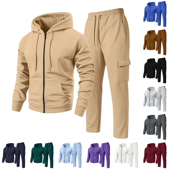 Mens Zip Up Hoodie Sweatpants Set 2 Piece, Full Zip Drawstring Hooded Jacket With Cargo Pants Casual Athletic Tracksuit