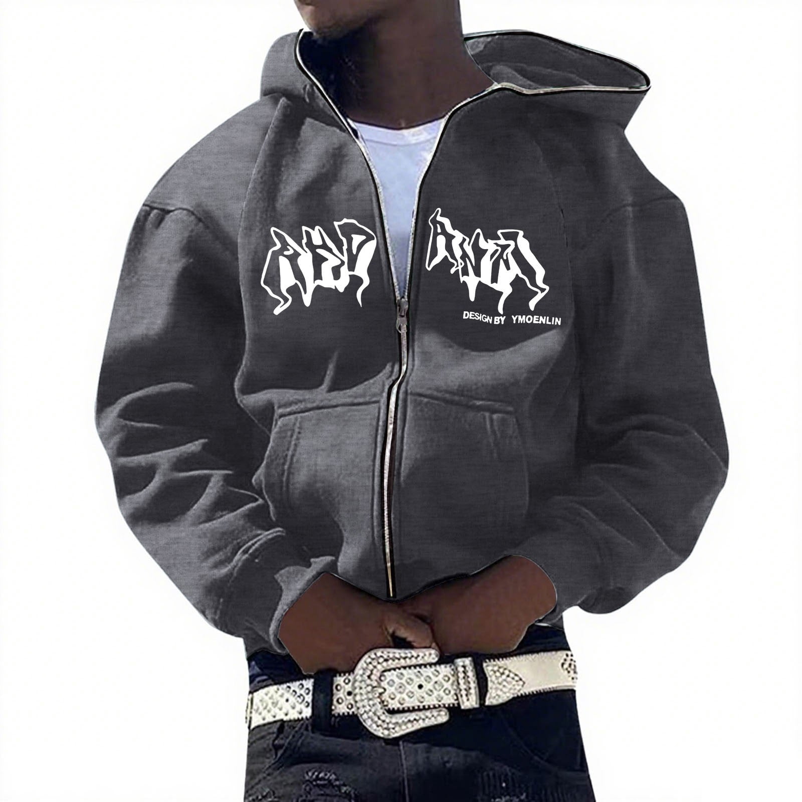 Mens Zip Up Hoodie Versatile Letter Print Long Sleeve Hoodies