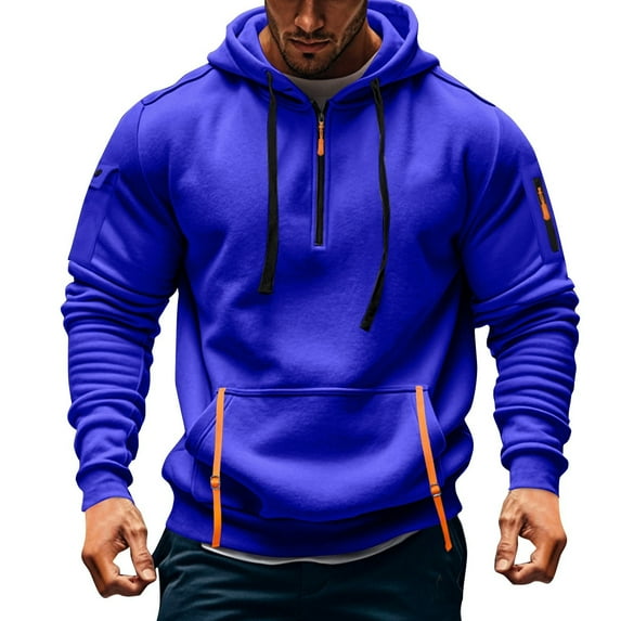Mens Zip Up Hoodie Vintage Comfy Cargo Hoodies with Zipper Pockets Casual Quarter Zip Long Sleeve Hooded Jacket Blue XL