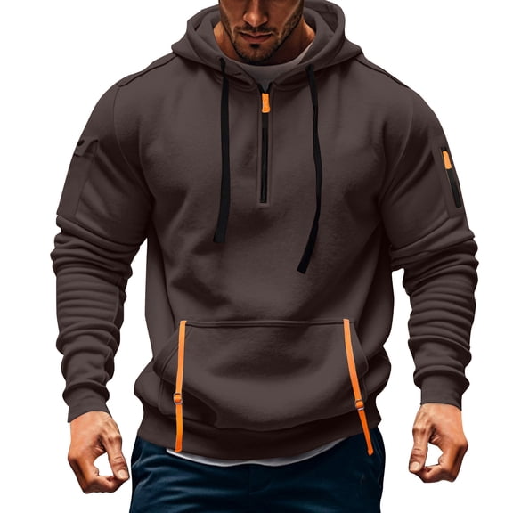 Mens Zip Up Hoodie Vintage Comfy Cargo Hoodies with Zipper Pockets Casual Quarter Zip Long Sleeve Hooded Jacket Coffee M