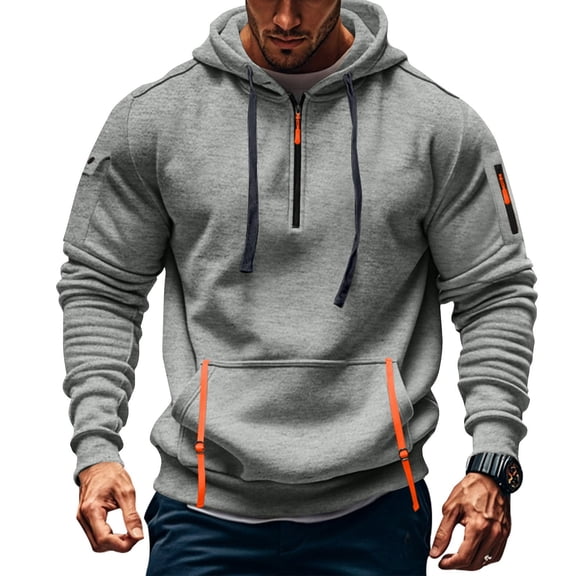 Mens Zip Up Hoodie Vintage Comfy Cargo Hoodies with Zipper Pockets Casual Quarter Zip Long Sleeve Hooded Jacket Light Gray L