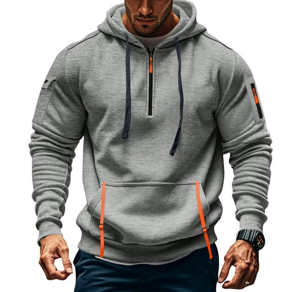 Mens Zip Up Hoodie Vintage Comfy Cargo Hoodies with Zipper Pockets Casual Quarter Zip Long Sleeve Hooded Jacket Light Gray S