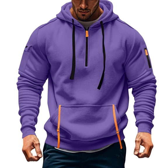 Mens Zip Up Hoodie Vintage Comfy Cargo Hoodies with Zipper Pockets Casual Quarter Zip Long Sleeve Hooded Jacket Purple 2XL
