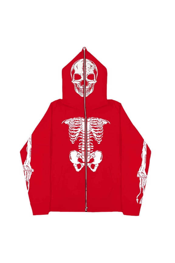 Mens Zip Up Hoodie Vintage Gothic Skull Print Halloween Long Sleeve Hooded Jacket with Pocket Lightweight Loose Fit Graphic Hoodie
