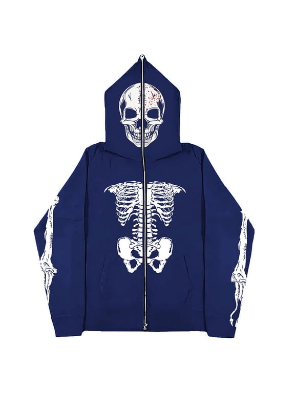 Mens Zip Up Hoodie Vintage Gothic Skull Print Halloween Long Sleeve Hooded Jacket with Pocket Lightweight Loose Fit Hoodies Men