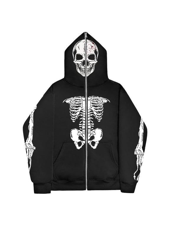 Mens Zip Up Hoodie Vintage Gothic Skull Print Halloween Long Sleeve Hooded Jacket with Pocket Lightweight Loose Fit Oversized Sweatshirt