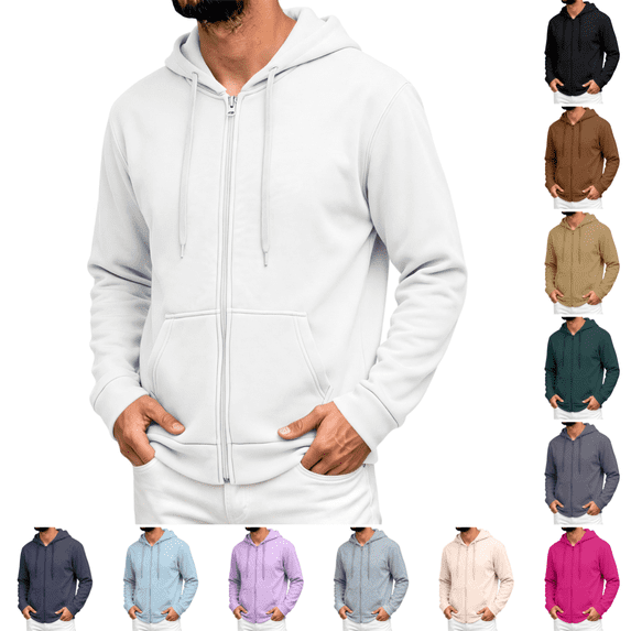 Mens Zip Up Hoodies Fashion Fleece Long Sleeve Hooded Sweat Shirts Winter Casual Thermal Classic Fit Drawstring Sweatshirts White 3XL