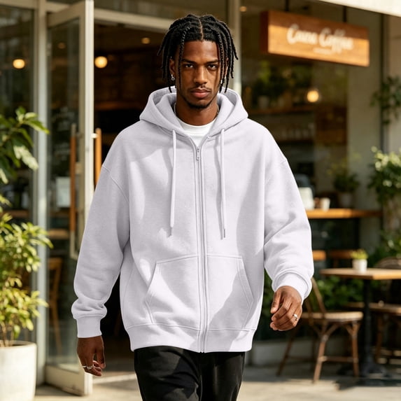 Mens Zip Up Hoodies Oversized Fleece Long Sleeve Drop Shoulder Hooded Sweatshirt Trendy Vintage Streetwear White L
