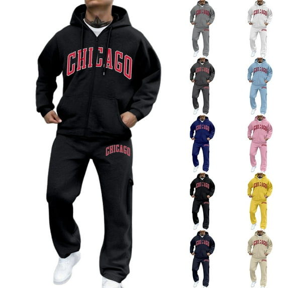 Mens Zip Up Hoodies and Sweatpants 2 Piece Sweatsuit Outfits Fashion City Letter Prints Track Suits Jogging Suits (Beige, Size L)