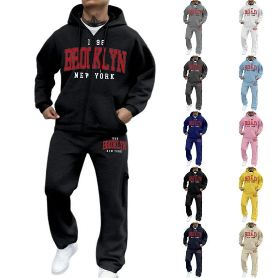 Mens Zip Up Hoodies and Sweatpants 2 Piece Sweatsuit Outfits Fashion City Letter Prints Track Suits Jogging Suits (Grey, Size XXXL)