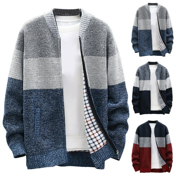 Mens Zip Up Knitted Cardigan Thick Sweater Stand Collar Fleece Lined Warm Wine qILAKOG Size XXXL