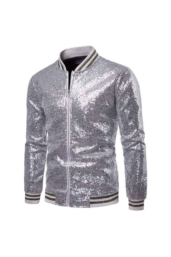 Mens Zip Up Sequin Lightweight Shiny Clubwear Bomber Jacket