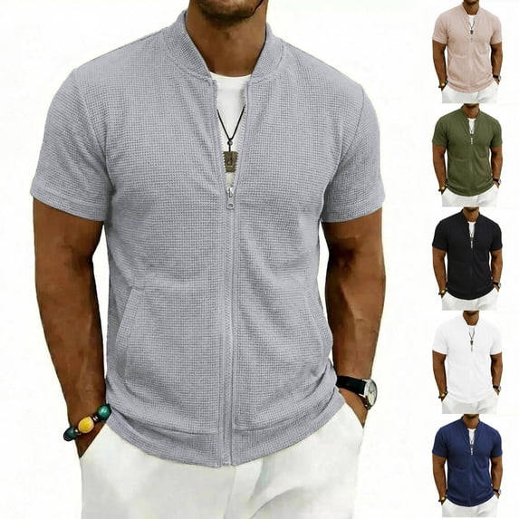 Mens Zip Up Short Sleeve Shirt Stand Collar Textured Waffle Pattern Summer Breathable Sporty Tops Side Pockets Khaki L
