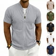 thumbnail image 1 of Mens Zip Up Short Sleeve Shirt Stand Collar Textured Waffle Pattern Summer Breathable Sporty Tops Side Pockets Navy XL, 1 of 4